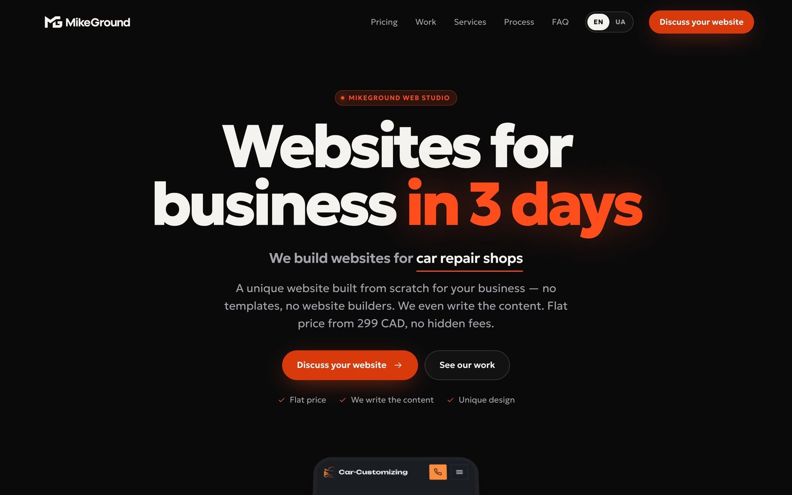 MikeGround home page: “Websites for business in 3 days” with phones showing live projects
