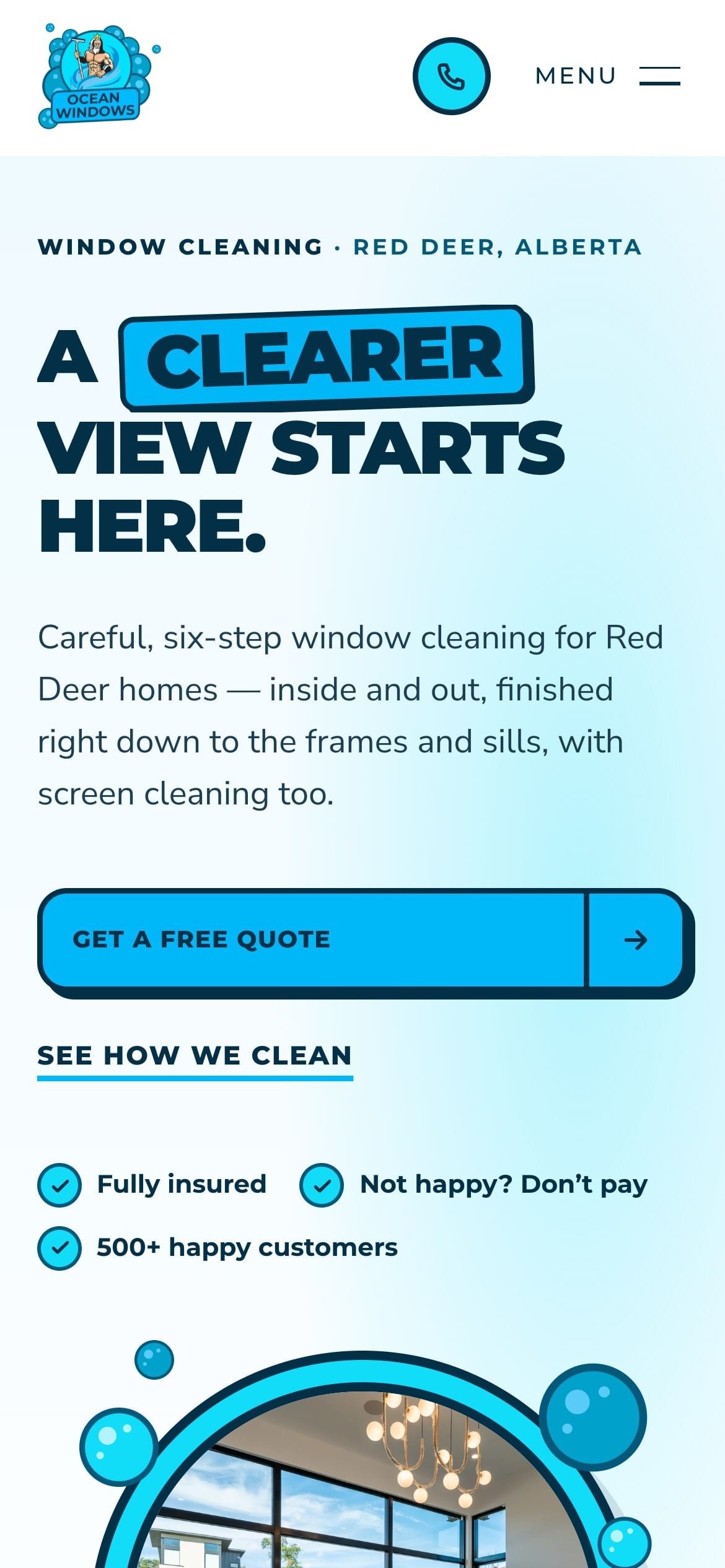 Ocean Windows on a phone: headline, free quote button and trust points